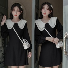 여성 더블 카라 배색 블랙 미니 원피스 URK-182