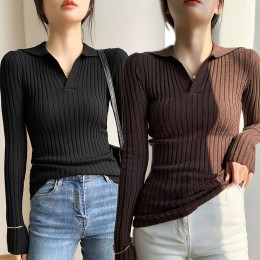 여성 골지 브이넥 카라 긴팔 티셔츠 URK-204