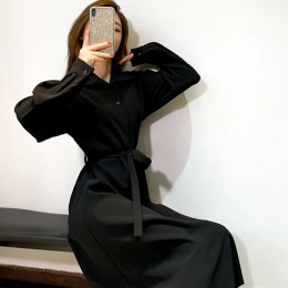 여성 허리끈 올 블랙 카라 원피스 URK-212