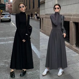 여성 하이웨스트 스타일 긴팔 목티 원피스 URK-245