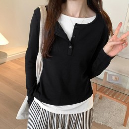 여성 골지 페이크 레이어드 긴팔 티셔츠 URK-277