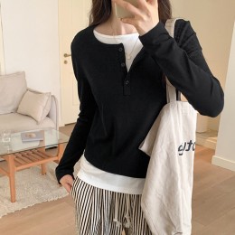 여성 골지 페이크 레이어드 긴팔 티셔츠 URK-277