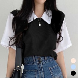 여성 페이크 니트 셔츠 반팔 티셔츠 URK-310