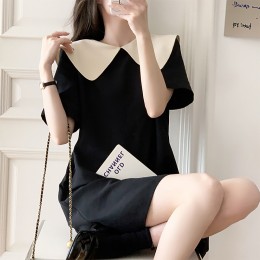 여성 배색 와이드 카라 블랙 쁘띠 원피스 URK-346