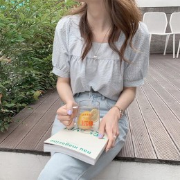 여성 스퀘어넥 셔링 체크 패턴 반팔 URK-349