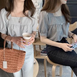 여성 스퀘어넥 셔링 체크 패턴 반팔 URK-349